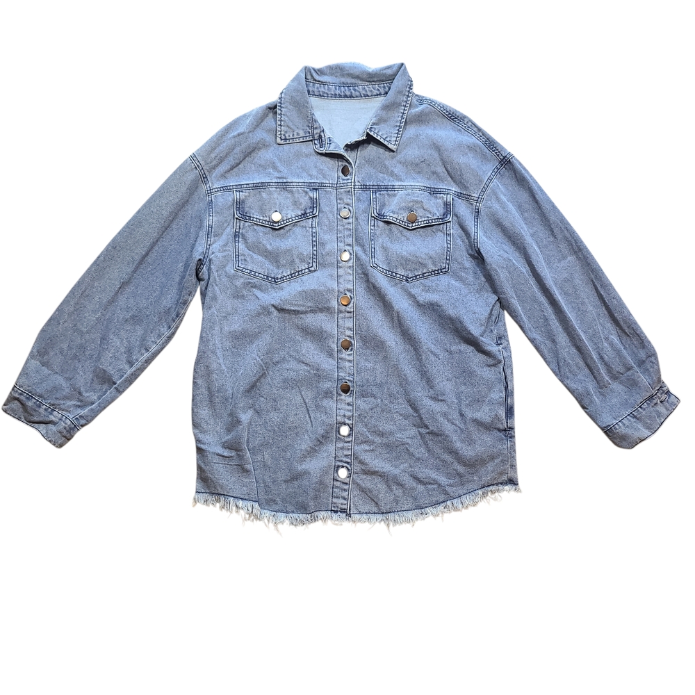 Oversized Denim Shacket Button Down Raw Hem Long … - image 3